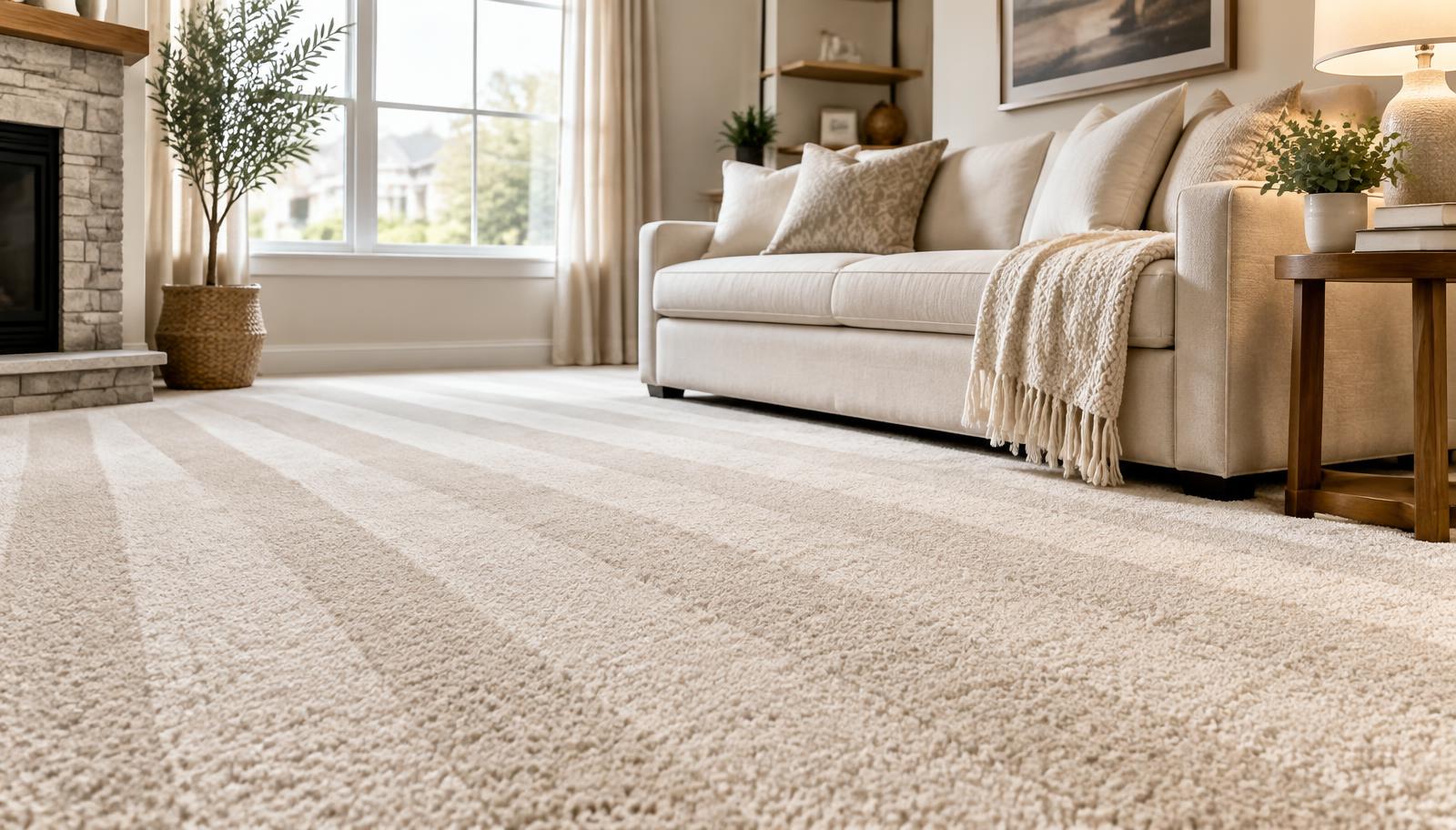 Freshly cleaned plush carpet in a bright, cozy living room