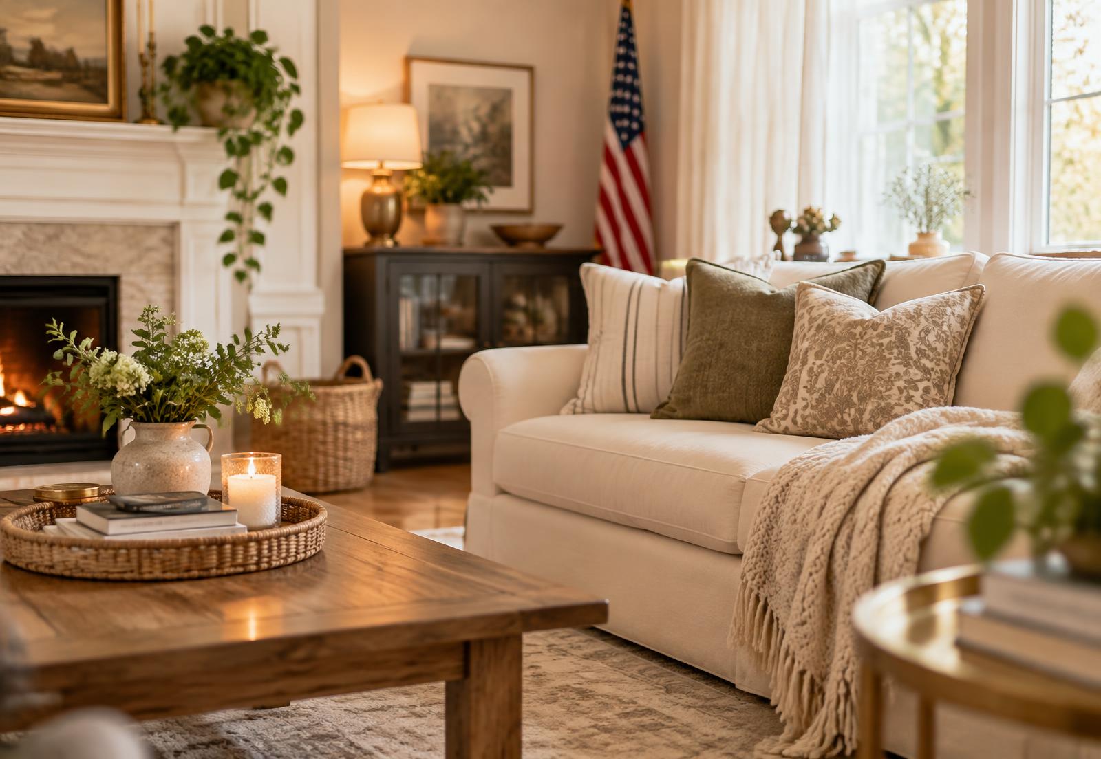 A warm, inviting home living room with soft natural light